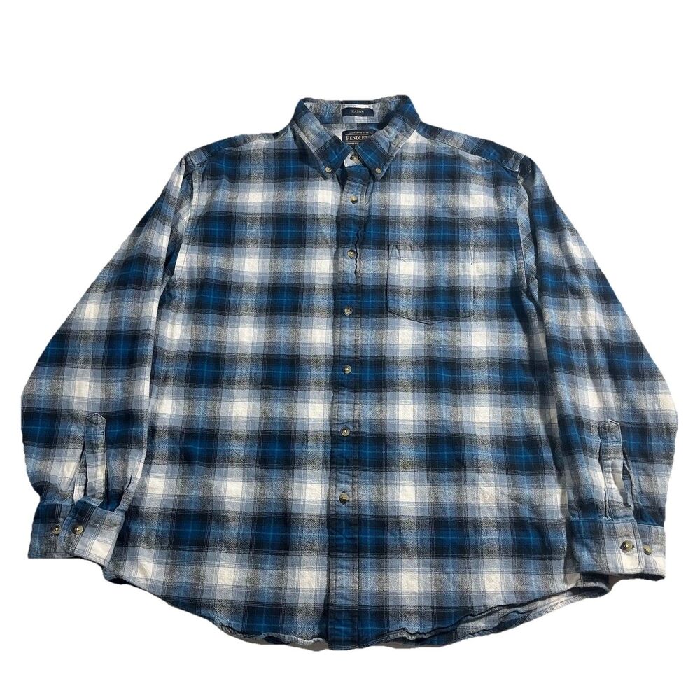 Pendleton Mason Plaid Button Front Shirt Mens XL Blue White Cotton